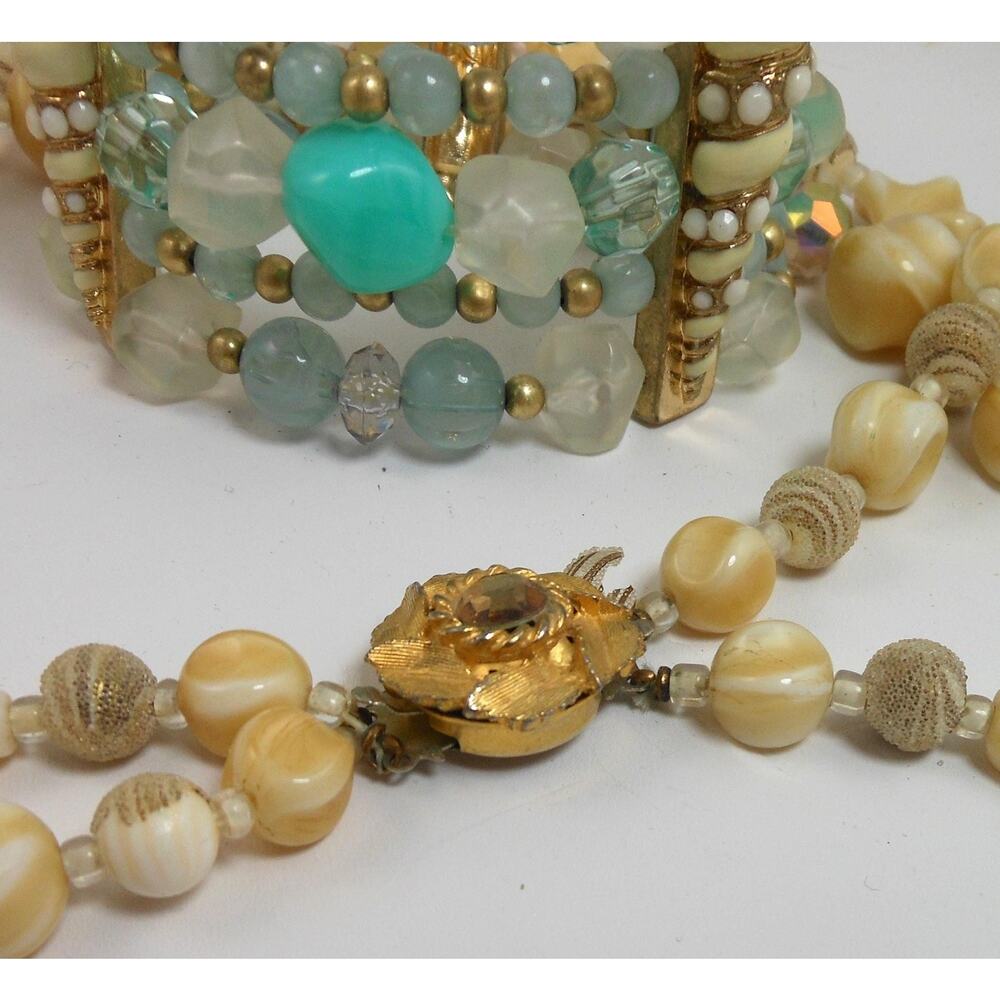 Vintage Beaded Jewelry Set Cream Double Strand Necklace & Aqua Stretch Cuff - Picture 9 of 9
